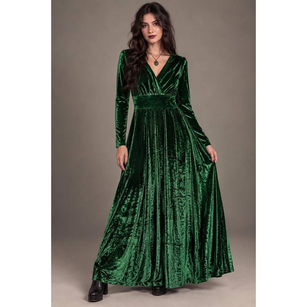 Whimsigoth Green Velvet Maxi Dress Goth Fairy Grunge Holiday Small Long Sleeve